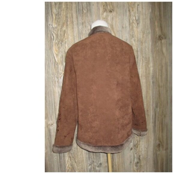 Relativity Small Brown Embroidered Sherpa Lined Faux Suede Coat Toggle Boho Y2K - Picture 4 of 15